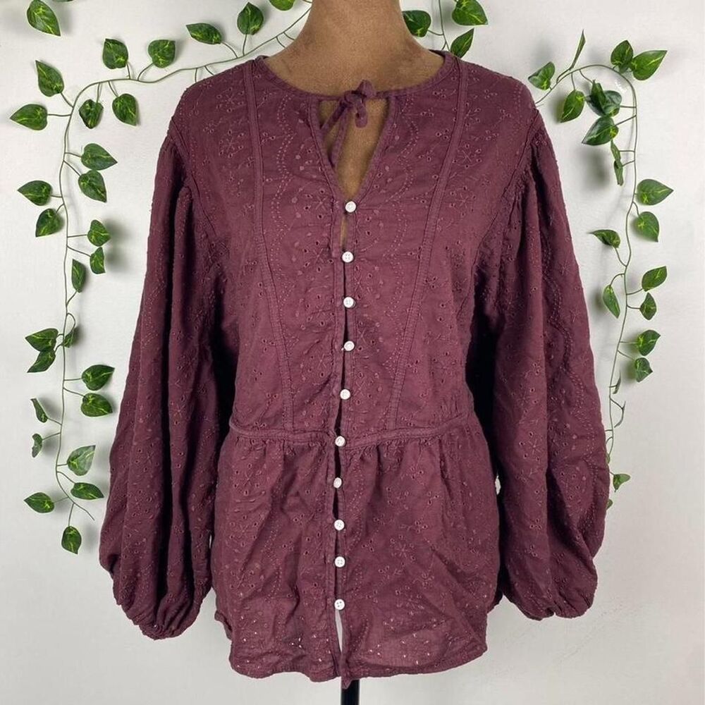 Puff sleeve embroidered eyelet lace blouse tie neck Burgundy cottage boho top